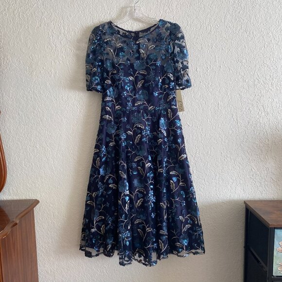 New Eliza J Dress 10 Navy Sequin Floral Embroidery Illusion Fit & Flare Midi NWT - Picture 2 of 14